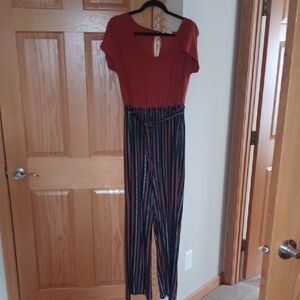 Red and Black Striped Women's Jumpsuit